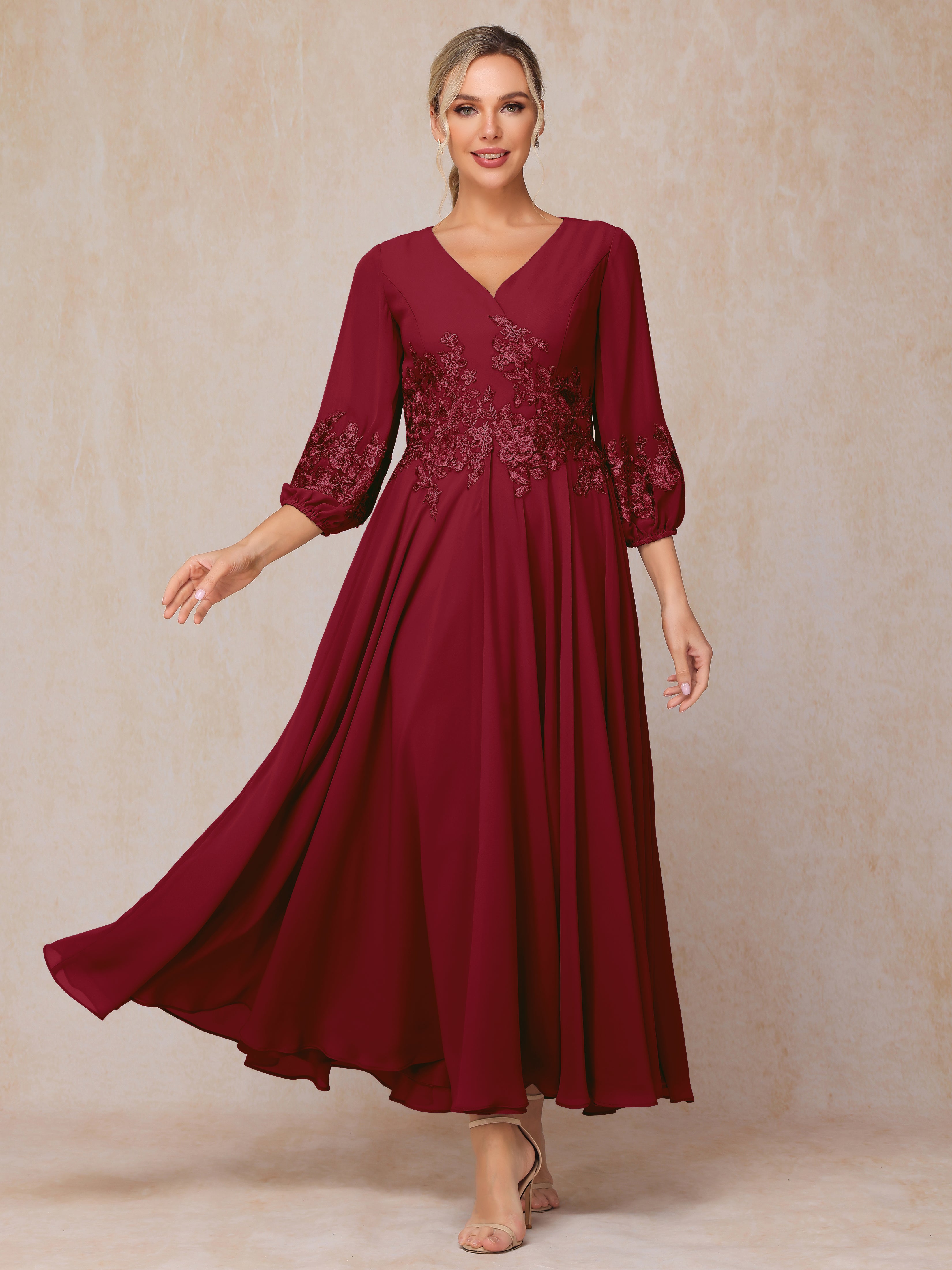 Long Sleeves Appliques Ankle Length Chiffon Mother Of The Bride Dress