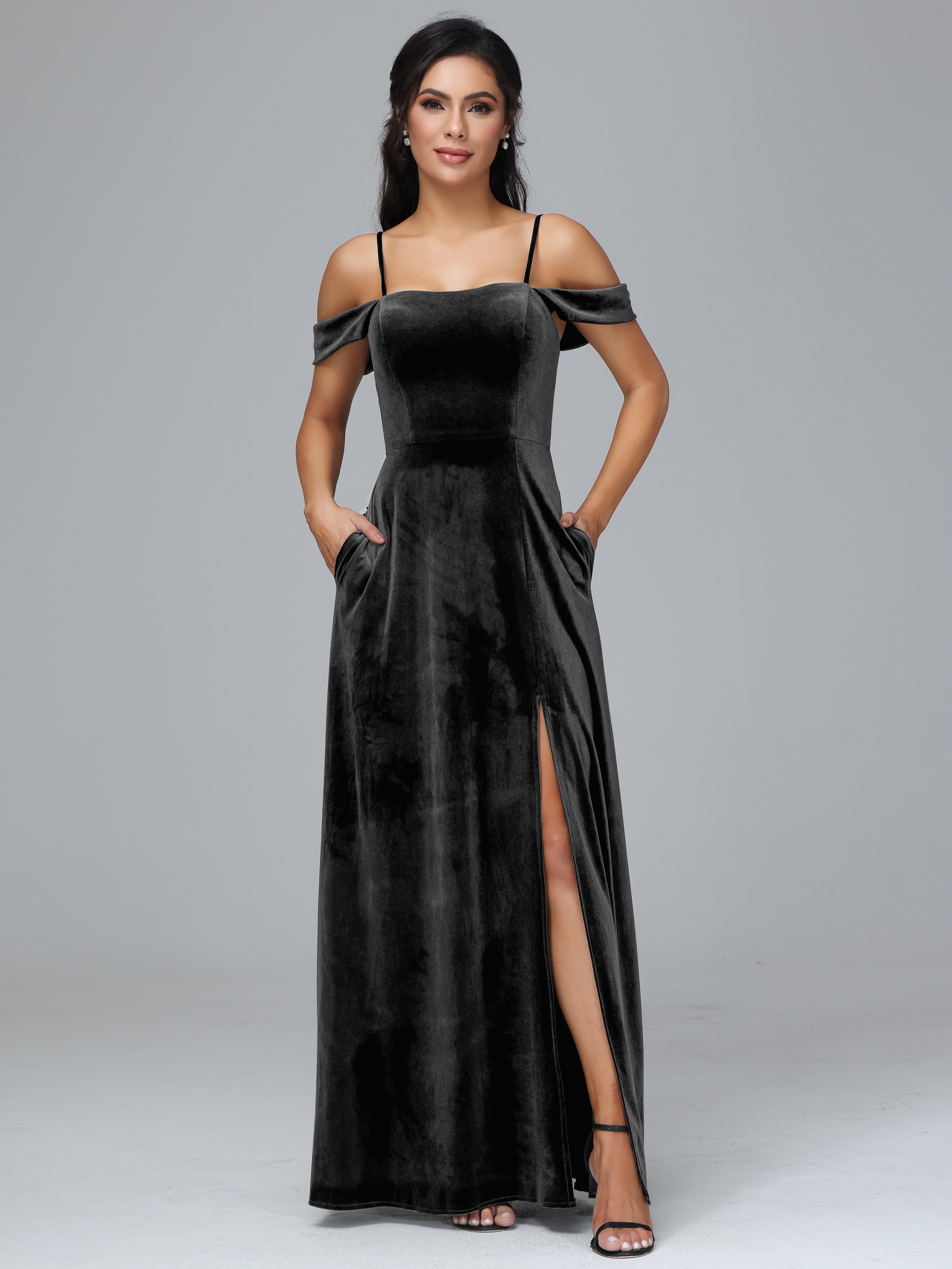 Velvet spaghetti fashion strap maxi dress