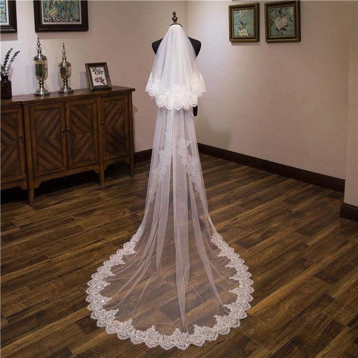 Cicinia Wedding Veil Two-Tier Lace Edge Tulle Cathedral Veils Appliques TS9005, White