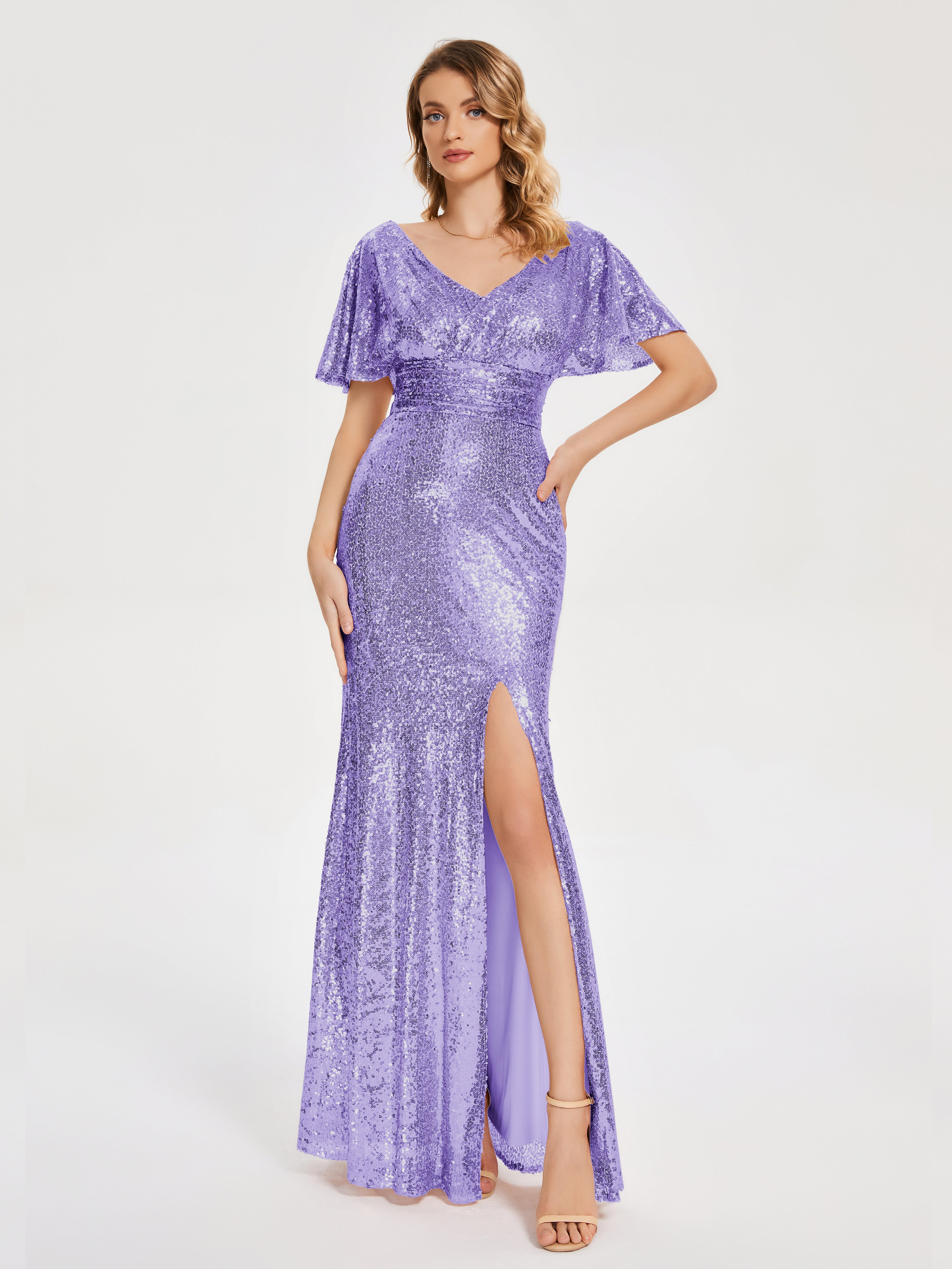 Gabrielle V-neck Short Sleeves Sequins Bridesmaid Dress with Slit