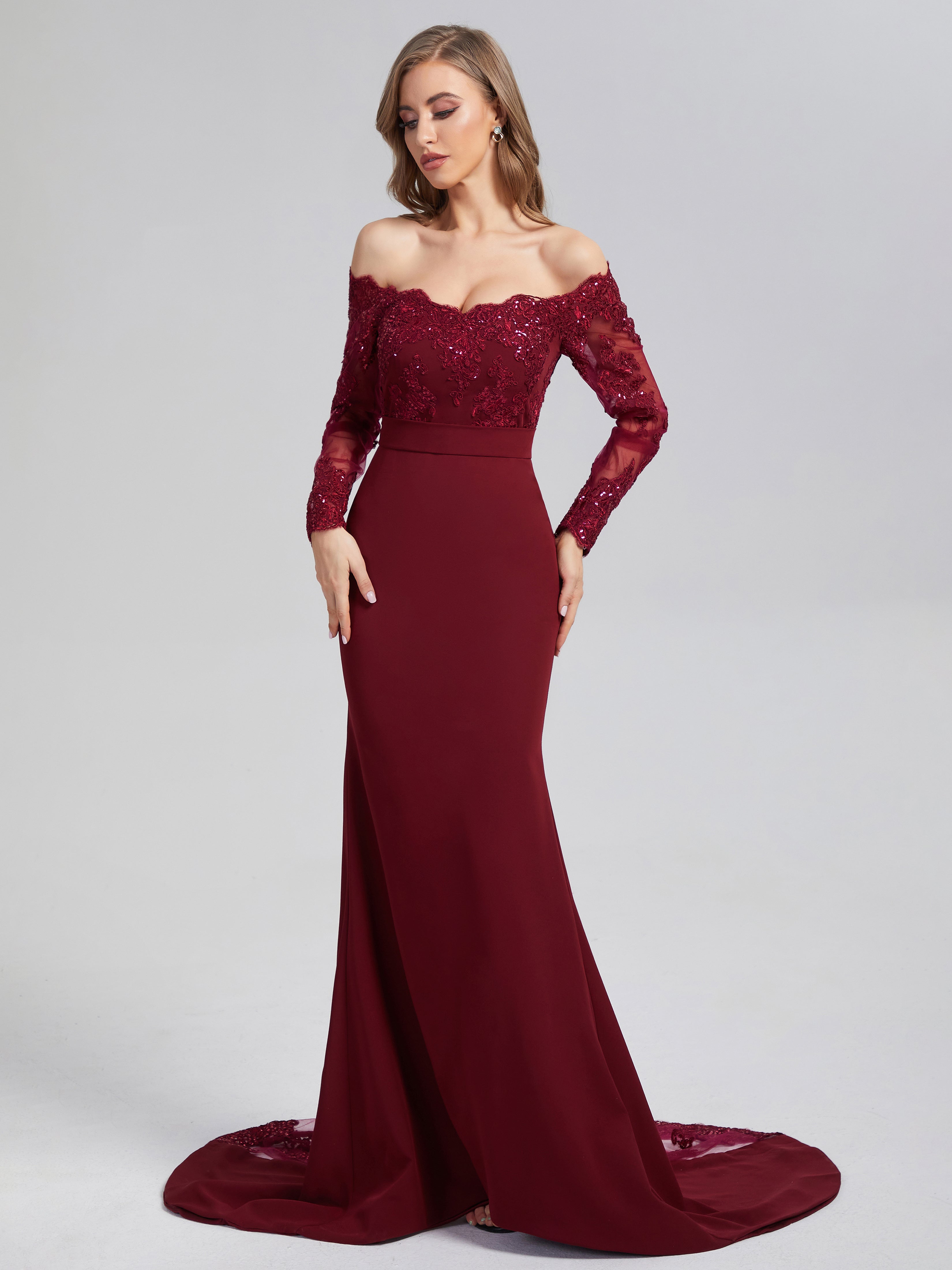 Burgundy long sleeve mermaid on sale dress