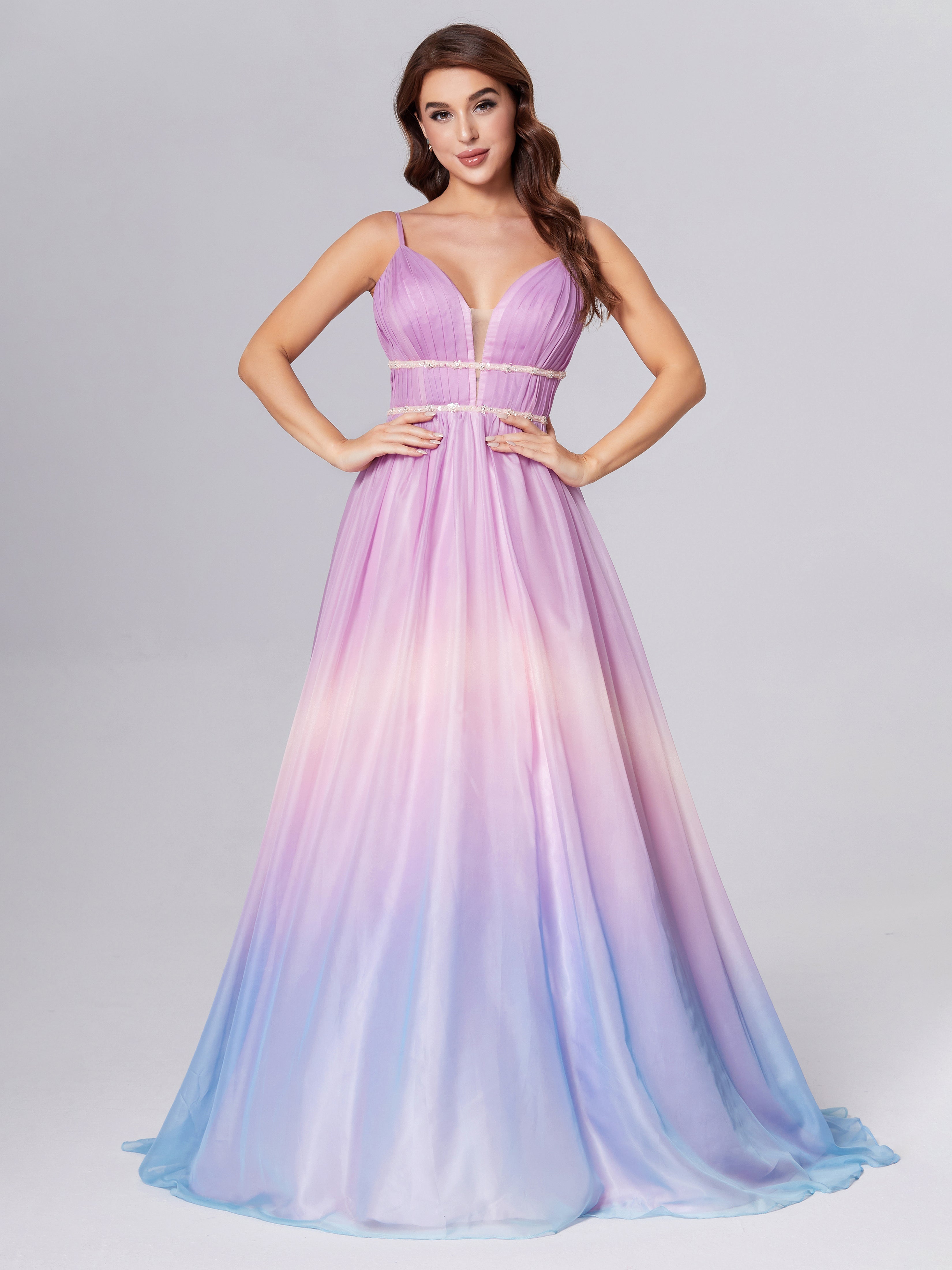 V-neck Ombre Prom Dresses