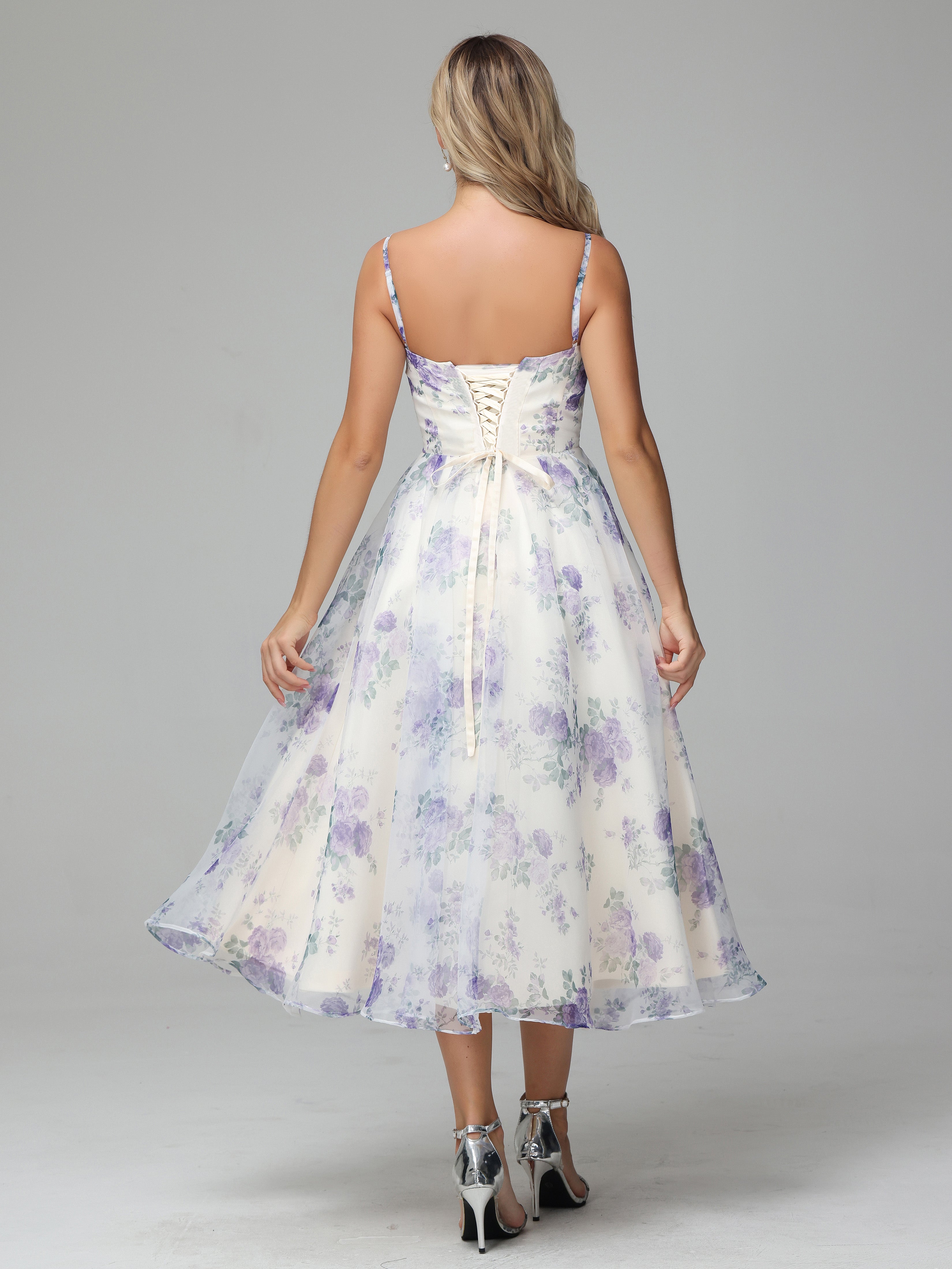 Spaghetti Straps Floral Printed Tea Length Bridesmaid Dresses