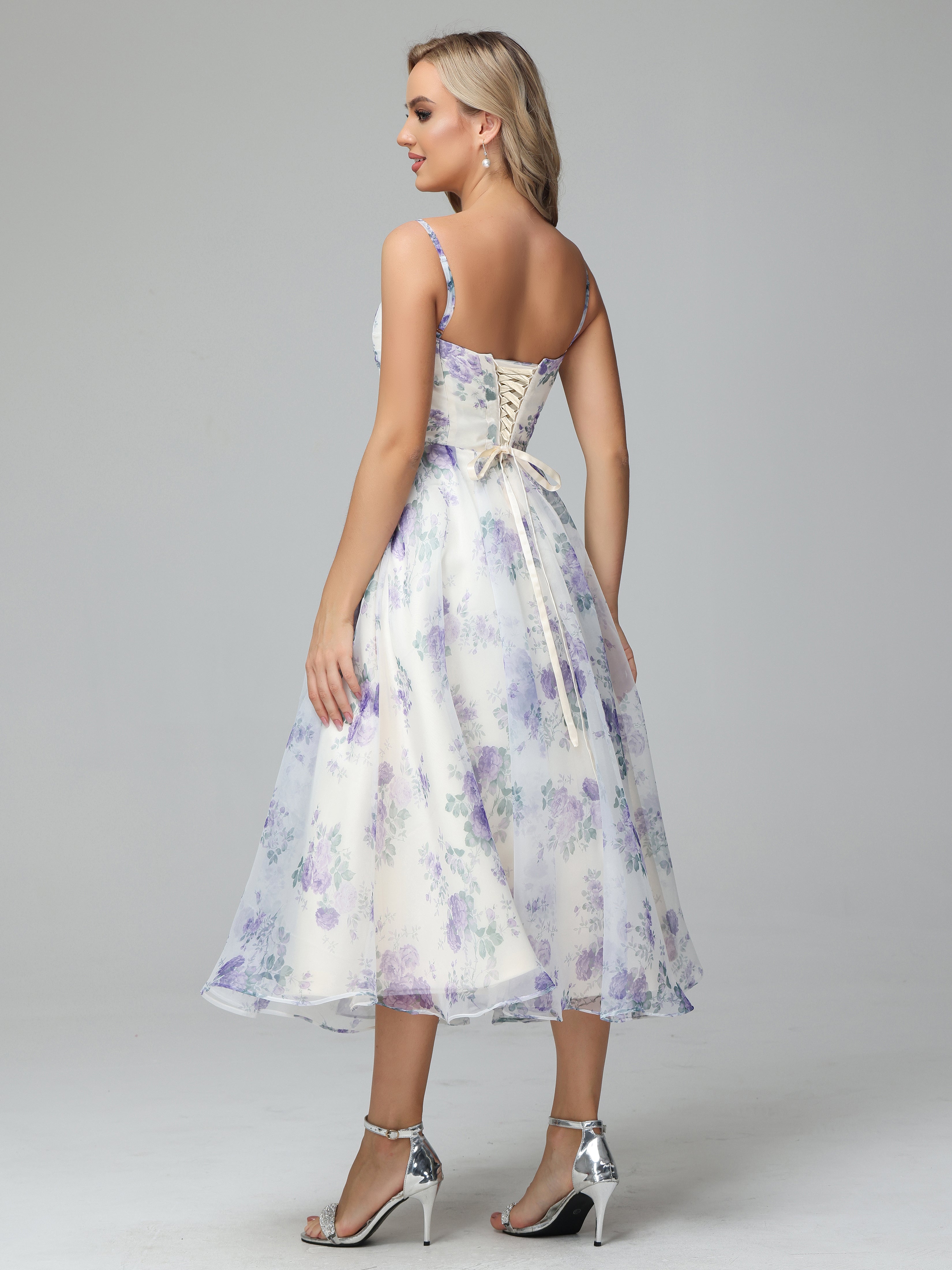 Spaghetti Straps Floral Printed Tea Length Bridesmaid Dresses