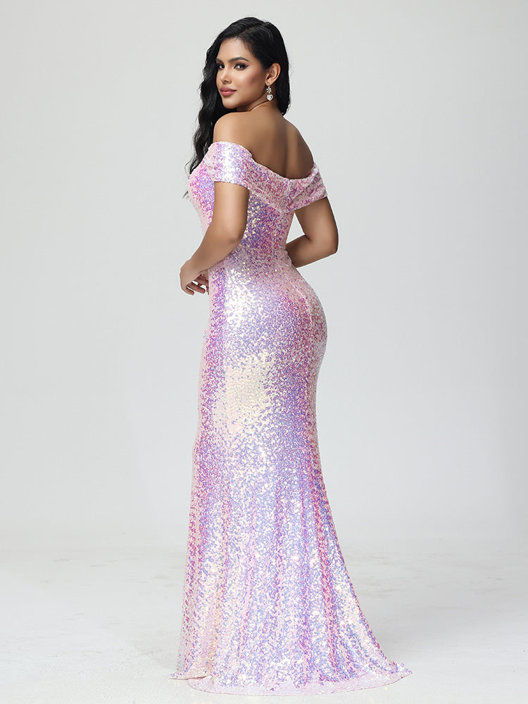 Sparkle Off The Shoulder Mermaid Sequins Bridesmaid Dress With Slit