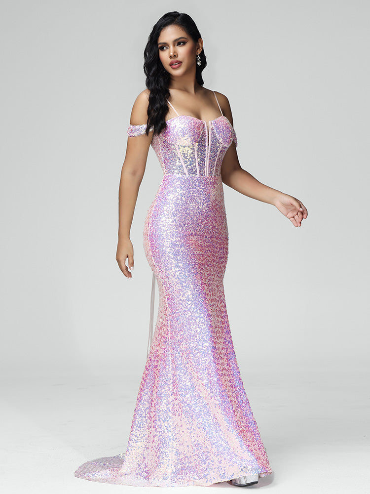 Off Shoulder Lace Up Sequins Prom Dress With Slit