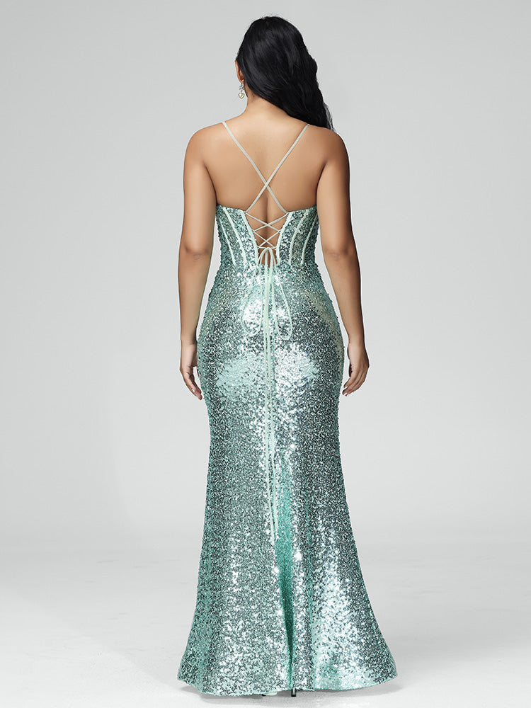 Spaghetti Straps Mermaid Sequins Prom Dress With Slit