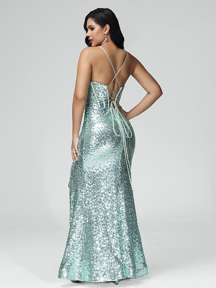 Spaghetti Straps Mermaid Sequins Bridesmaid Dress With Slit