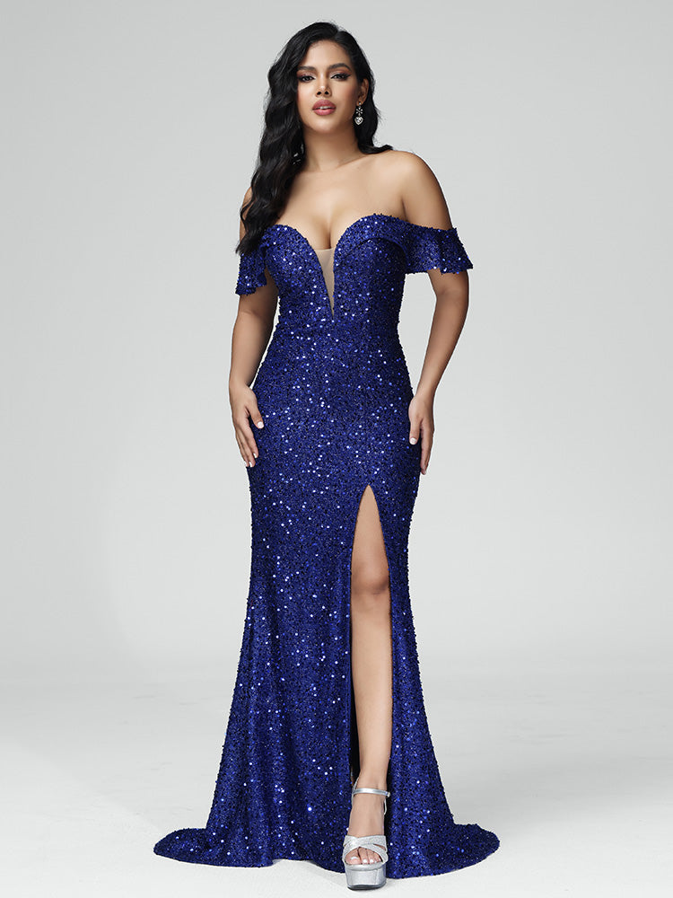 Off Shoulder V Neck Sequins Prom Dress With Slit