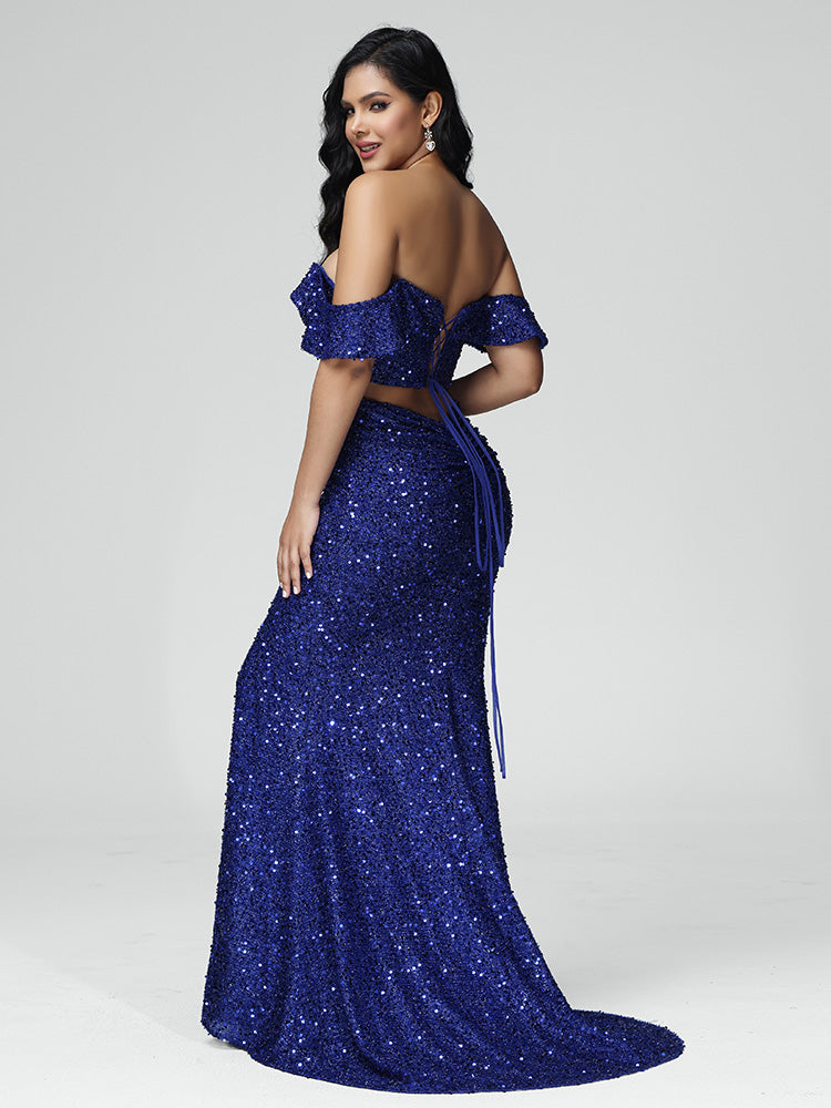 Off Shoulder V Neck Sequins Prom Dress With Slit