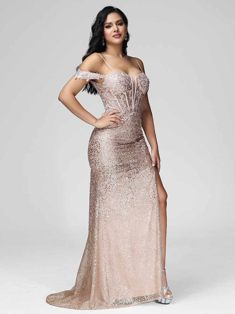 Off Shoulder Sequins Lace Up Prom Dress With Slit