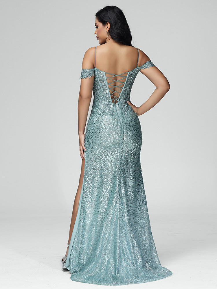 Off Shoulder Mermaid Sequins Prom Dress With Slit