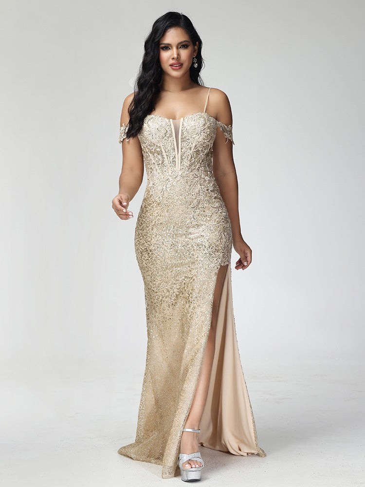 Off Shoulder Sequins Prom Dress With Slit