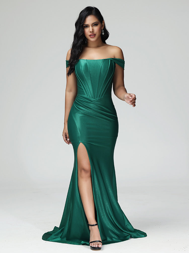 Sleeveless Off The Shoulder Strapless Prom Dress With Slit