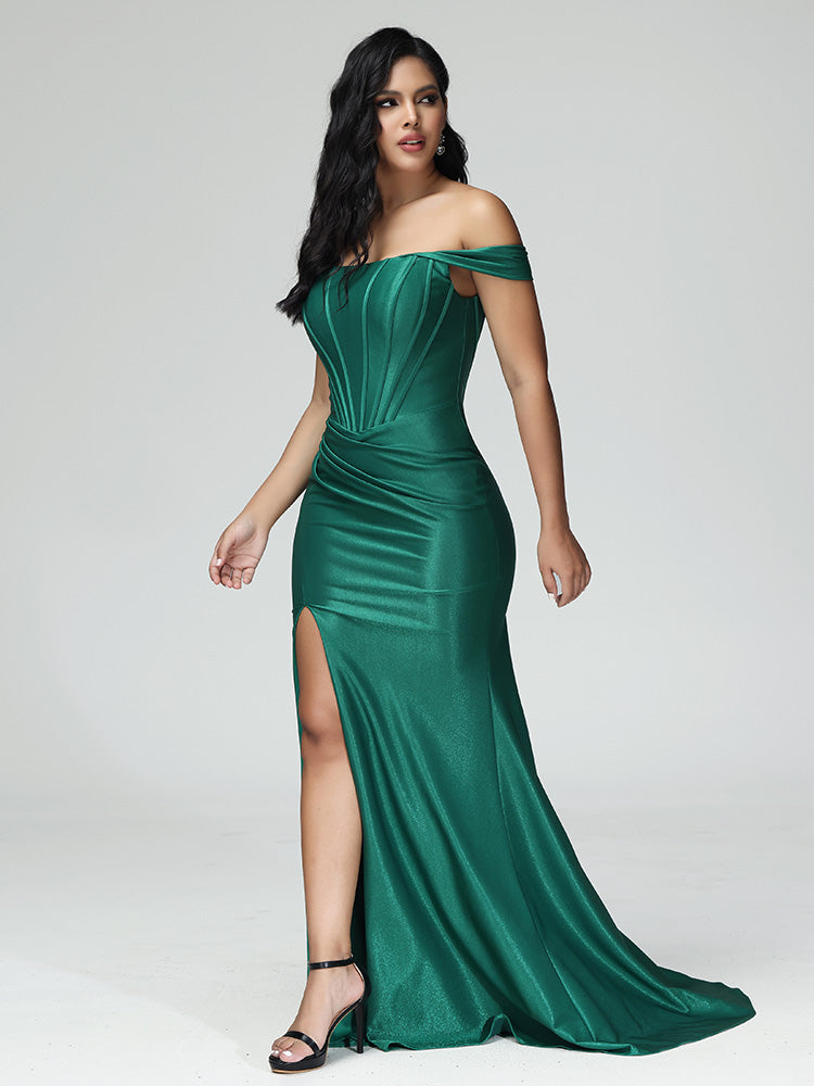 Sleeveless Off The Shoulder Strapless Satin Bridesmaid Dress With Slit