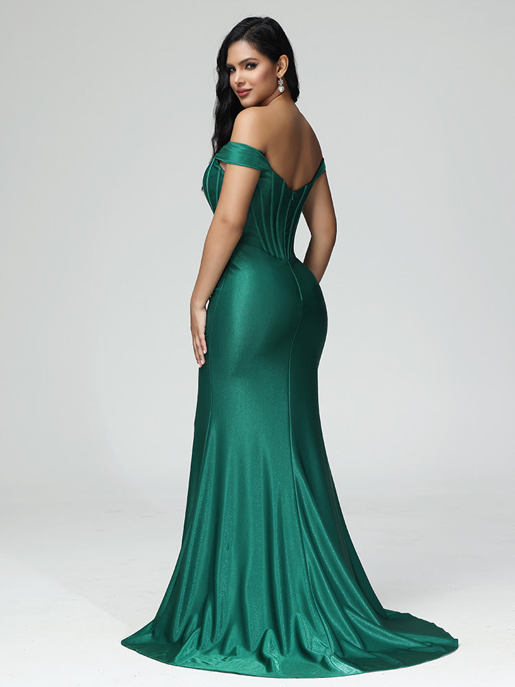 Sleeveless Off The Shoulder Strapless Prom Dress With Slit