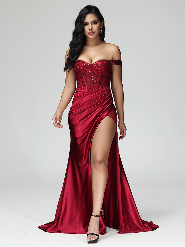 Off The Shoulder Mermaid Strapless Prom Dress With Slit