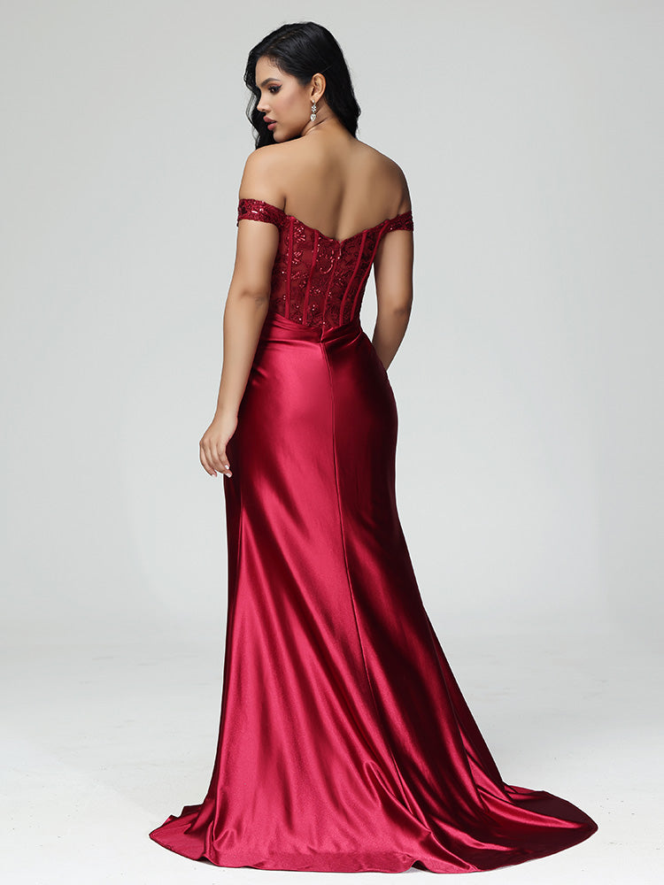 Off The Shoulder Mermaid Strapless Prom Dress With Slit