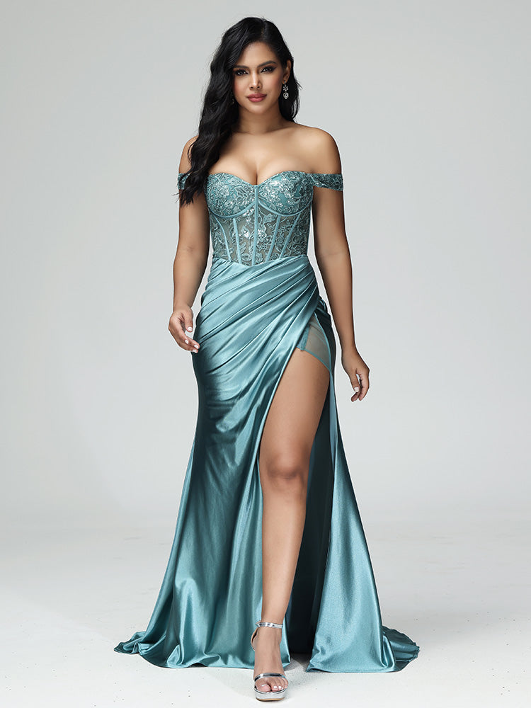 Off The Shoulder Strapless Prom Dress With Slit