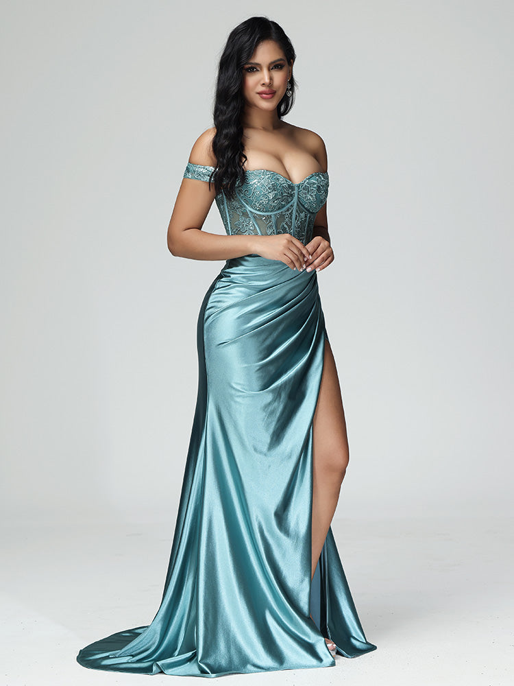 Off The Shoulder Strapless Prom Dress With Slit