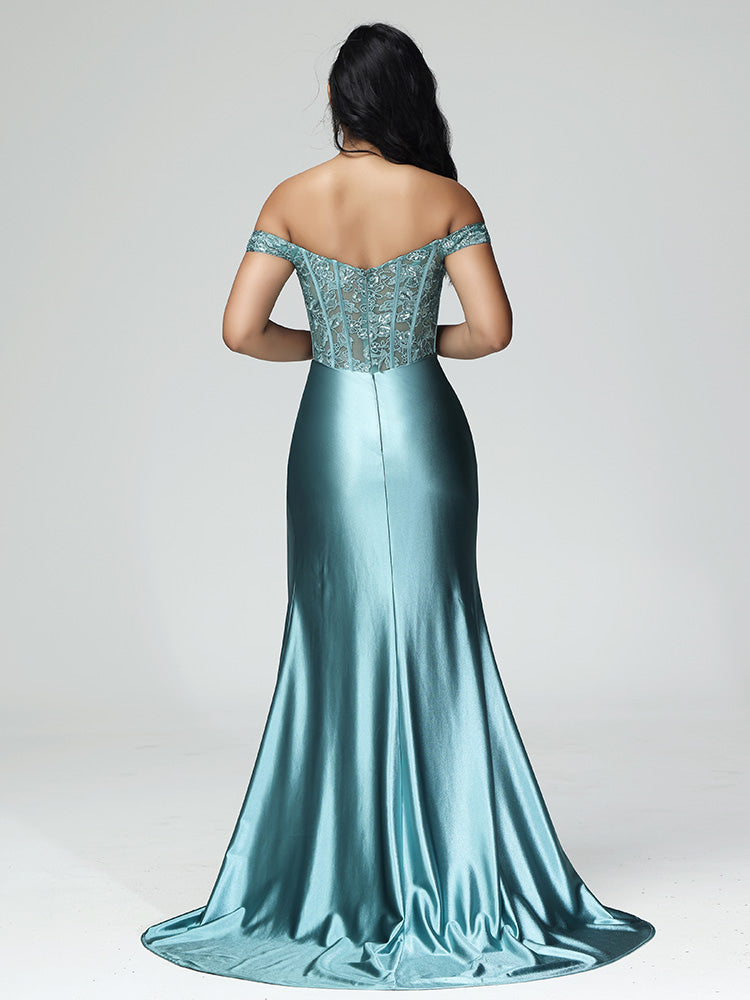 Off The Shoulder Strapless Prom Dress With Slit