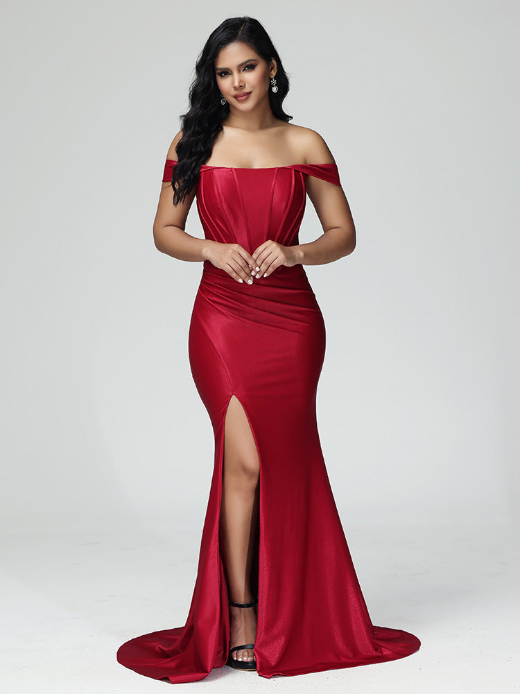 Simple Off The Shoulder Strapless Zipper Prom Dress With Slit