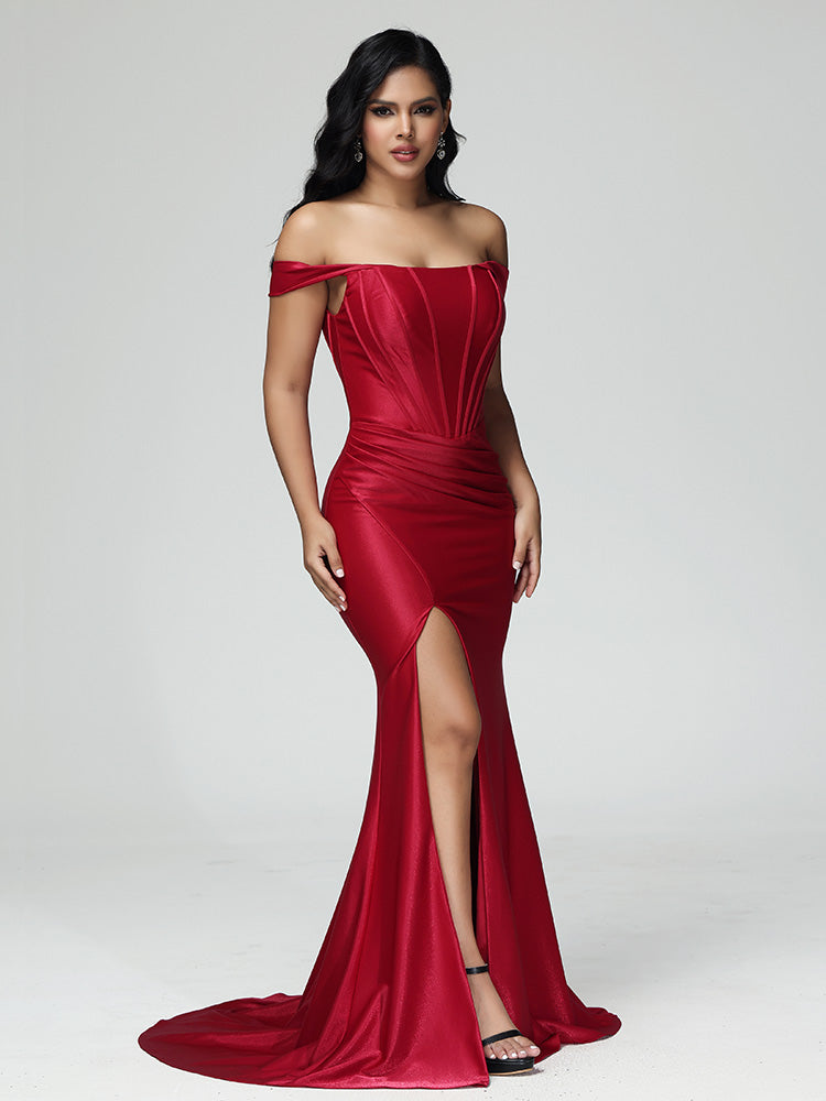 Simple Off The Shoulder Strapless Zipper Satin Bridesmaid Dress