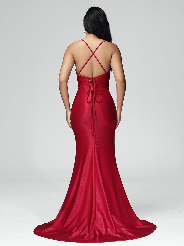 Spaghetti Straps V Neck Mermaid Backless Wedding Guest Dress