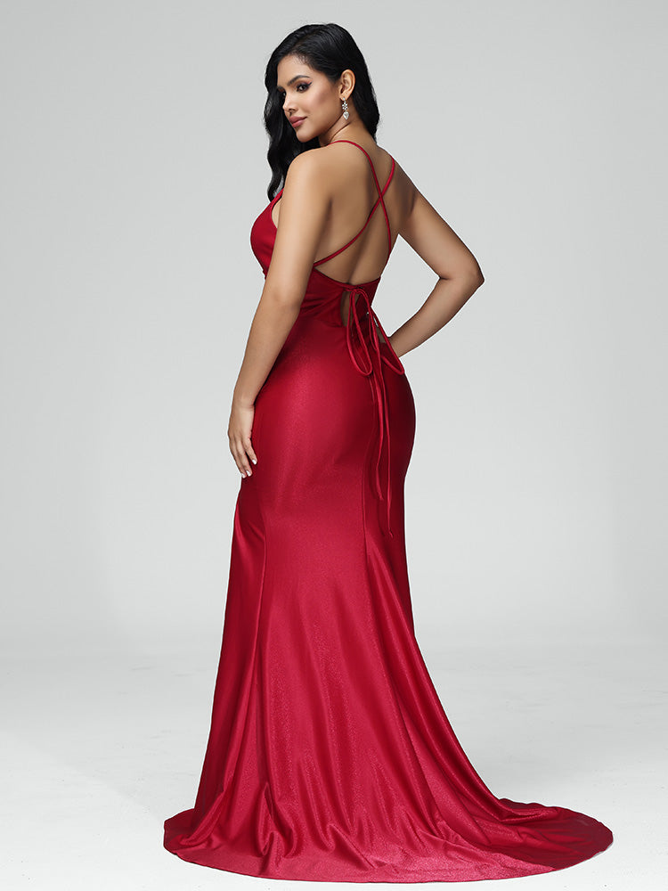 Spaghetti Straps V Neck Mermaid Backless Wedding Guest Dress