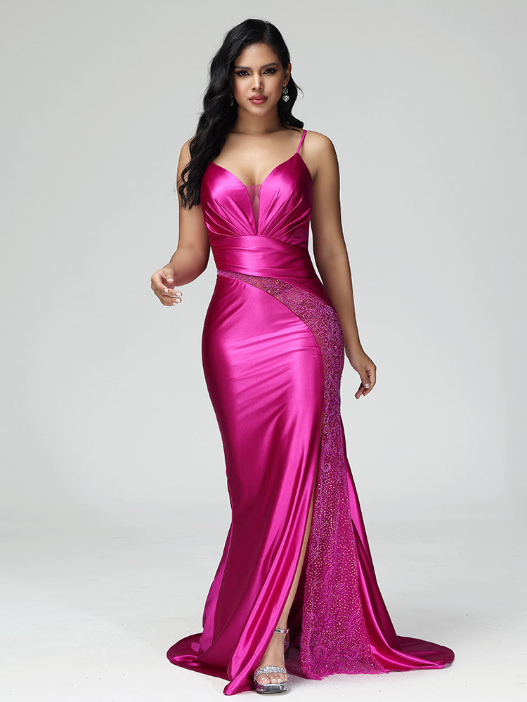 Spaghetti Straps Lace Up Mermaid Prom Dress With Slit