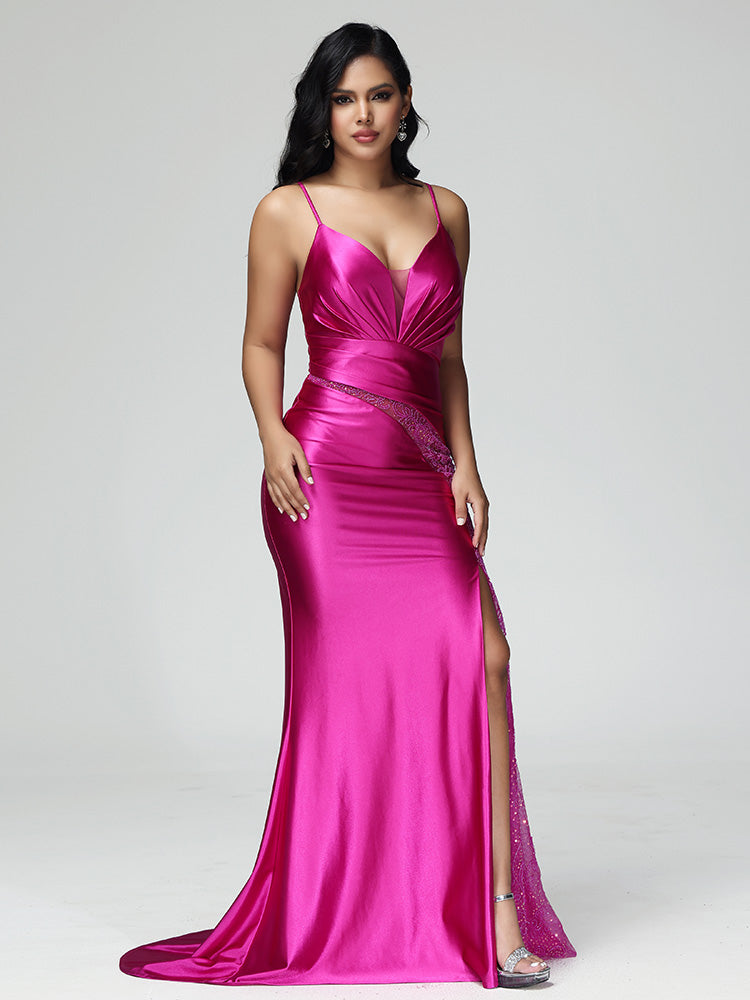 Spaghetti Straps Lace Up Mermaid Prom Dress With Slit