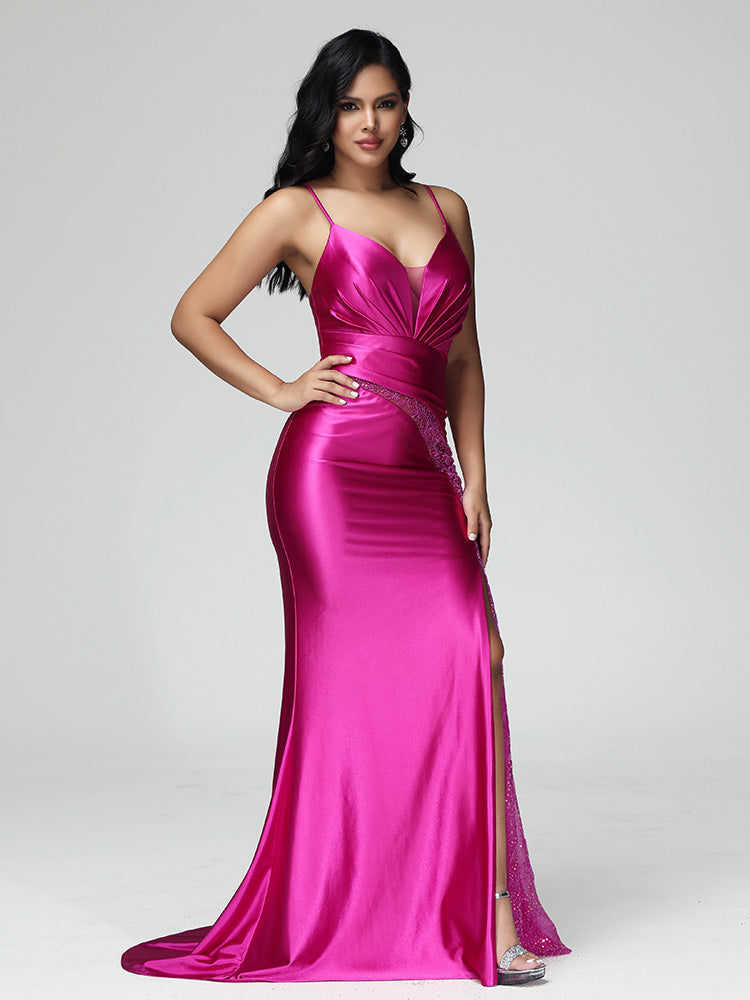 Spaghetti Straps Lace Up Mermaid Prom Dress With Slit