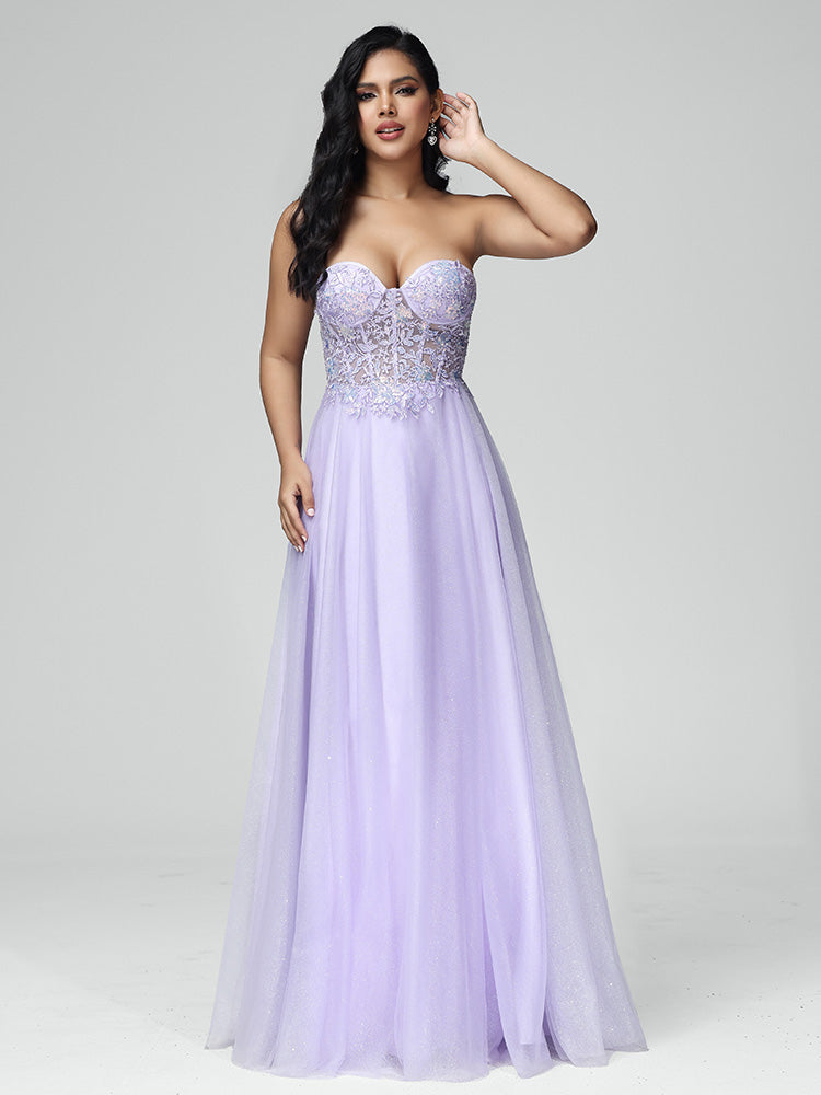 Strapless A Line Lace Appliques Tulle Prom Dress