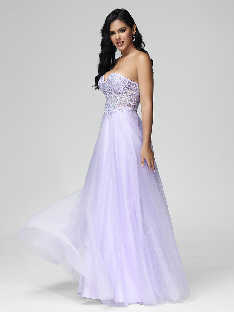 Strapless A Line Lace Appliques Tulle Prom Dress