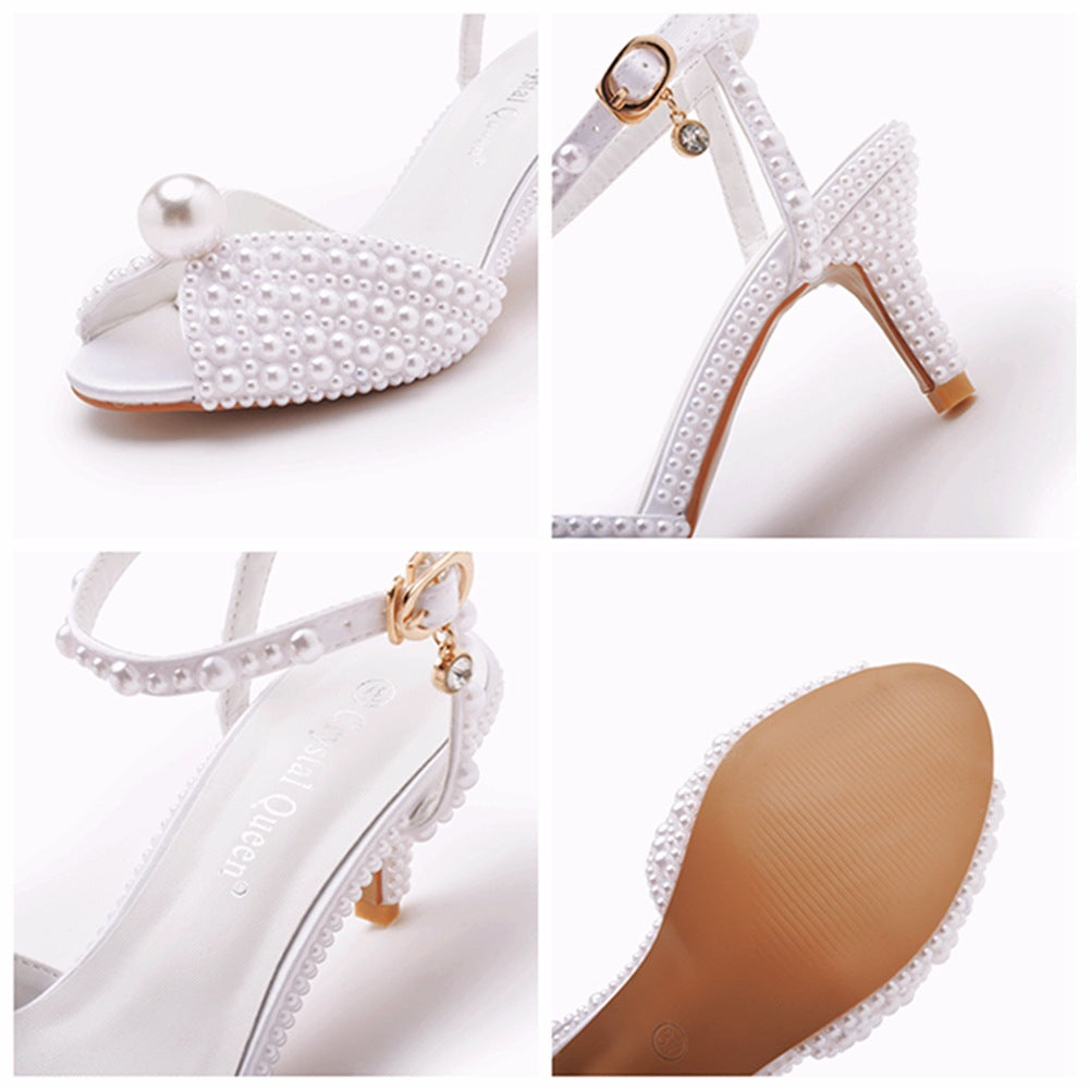 Satin Faux Pearl Peep Toe One-Strap High Heel Sandals