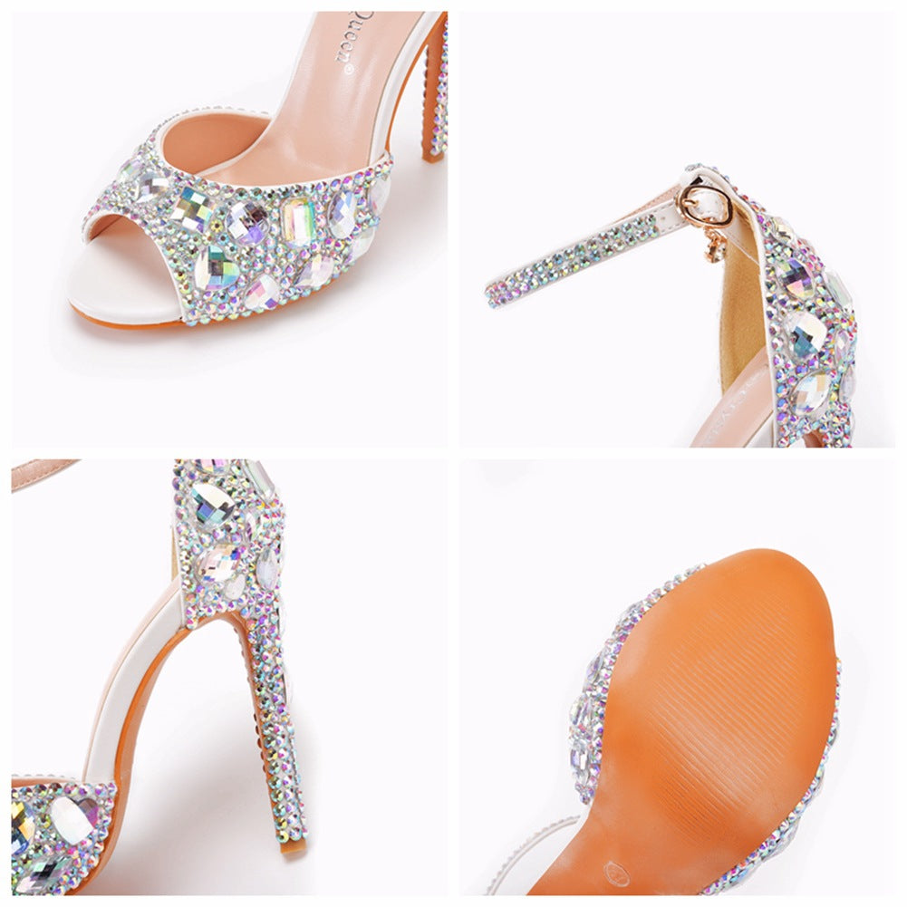 Peep Toe Big Colored Rhinestones Ankle Strap Stiletto Heels