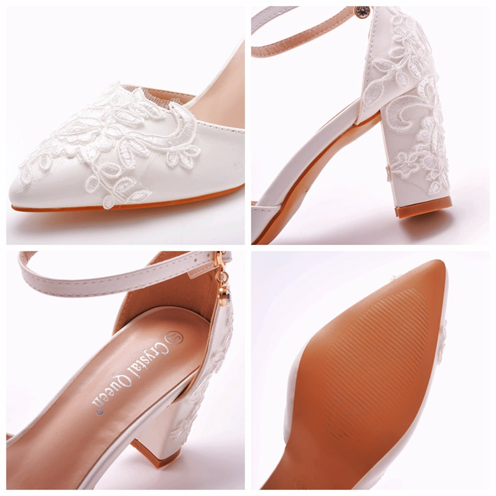 White Pointed Toe Lace Ankle Strap Chunky Heel