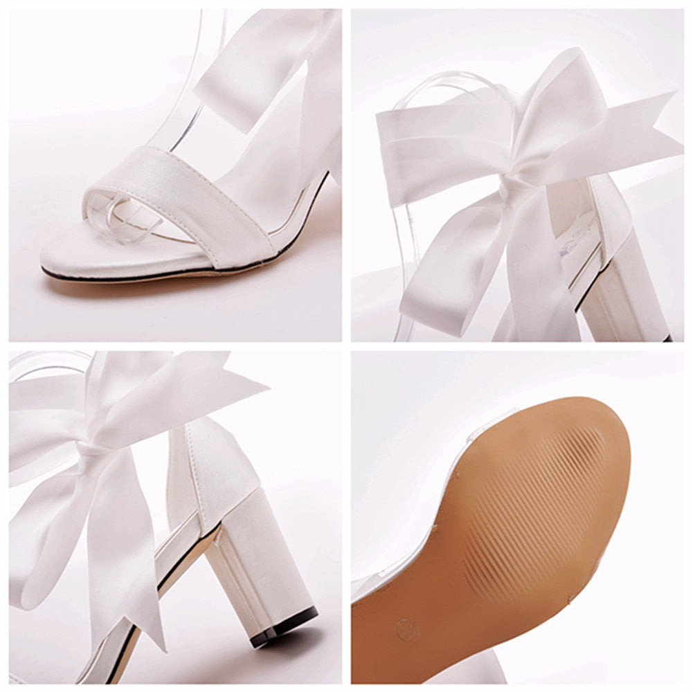 Ivory Satin Tied Open Toe Ankle Strap Chunky Heel Sandals