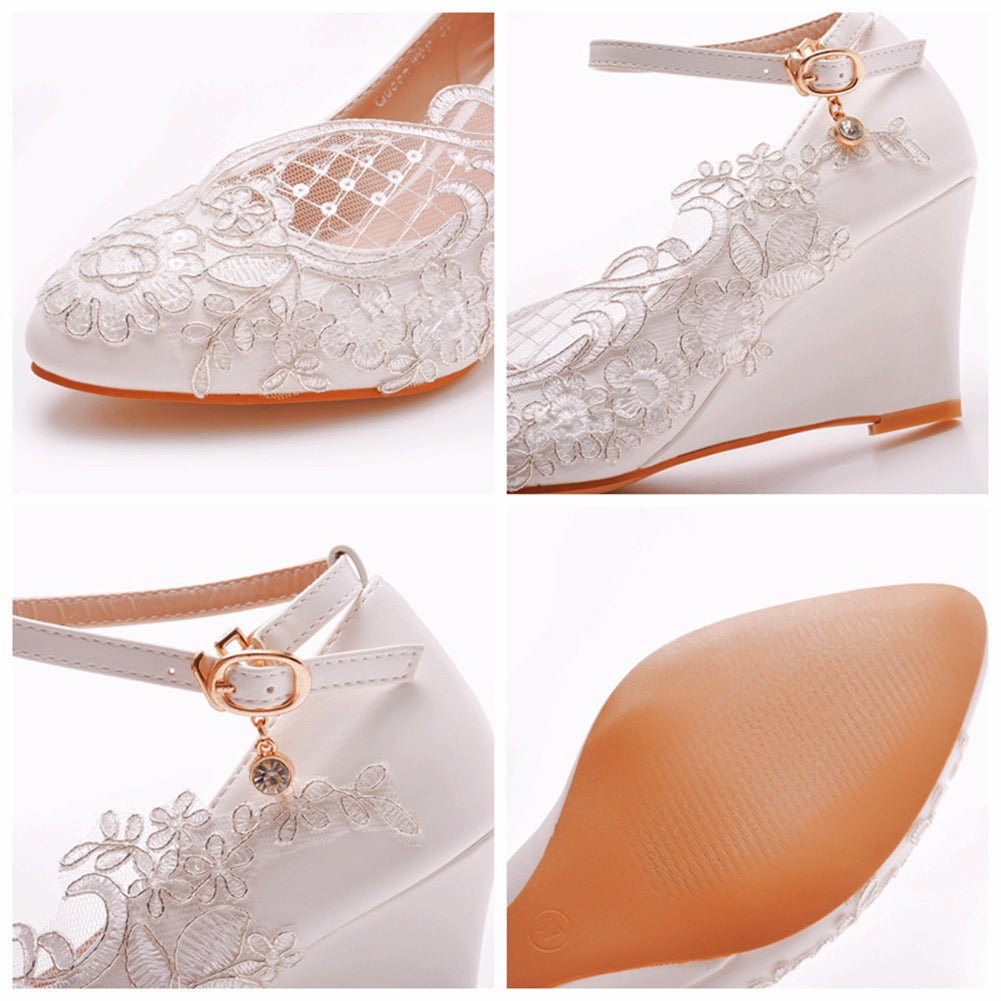 Round Toe Lace Ankle Strap Wedge Heel Wedding Shoes