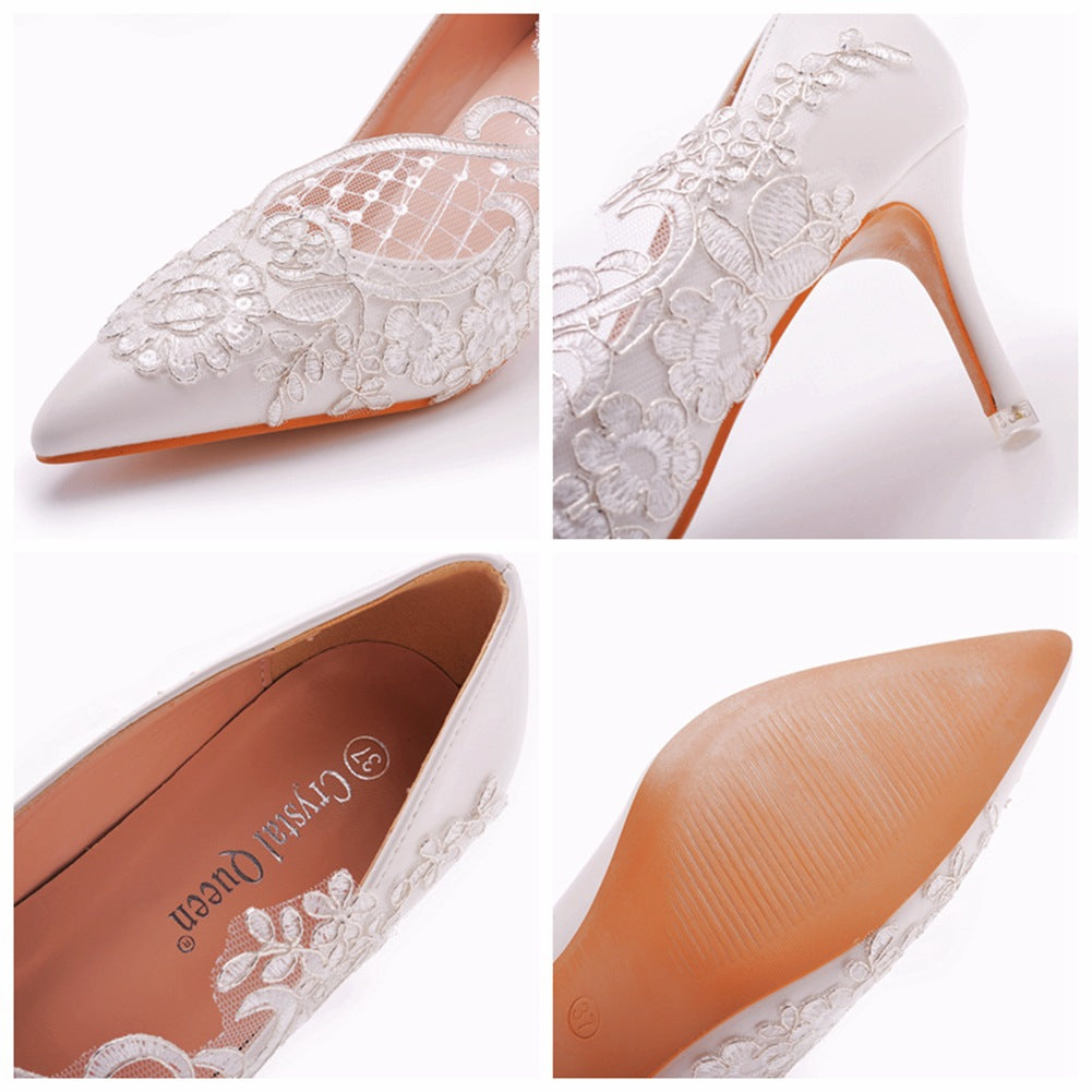 Women's Wedding Shoes White Lace Pointed Toe High Heels