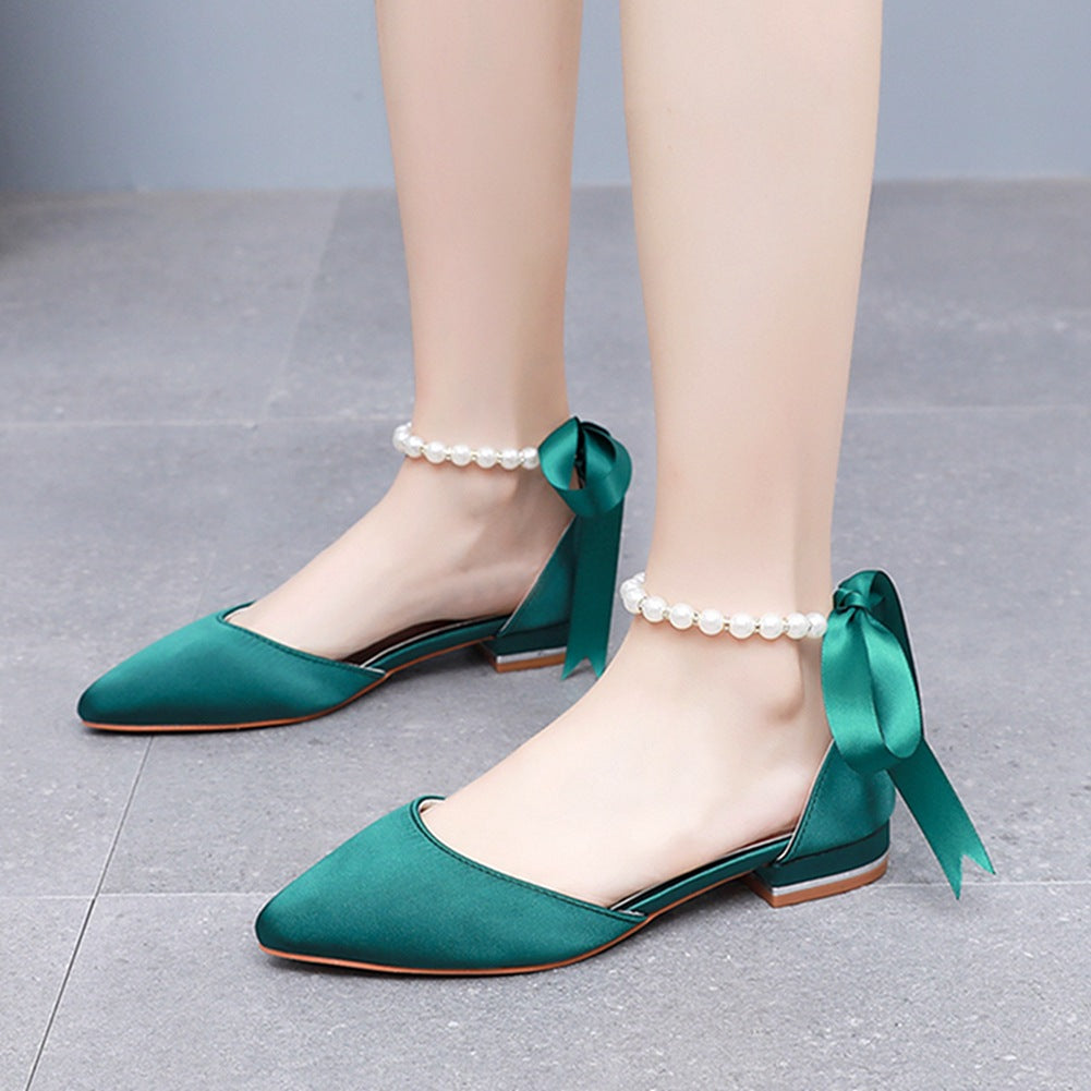 Elegant Pearl Ribbon Tie Satin Flat Heel Pointed Toe Bridal Shoes