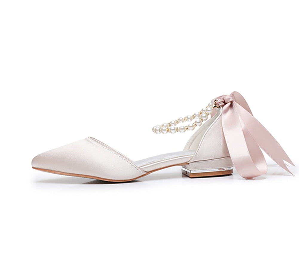 Elegant Pearl Ribbon Tie Satin Flat Heel Pointed Toe Bridal Shoes