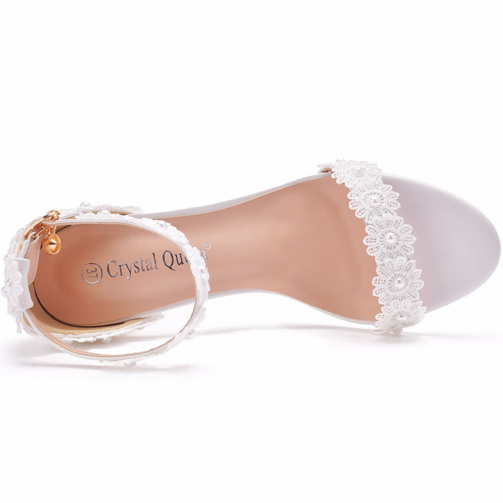 Open Toe Lace Pearl Ankle Strap Chunky Heel