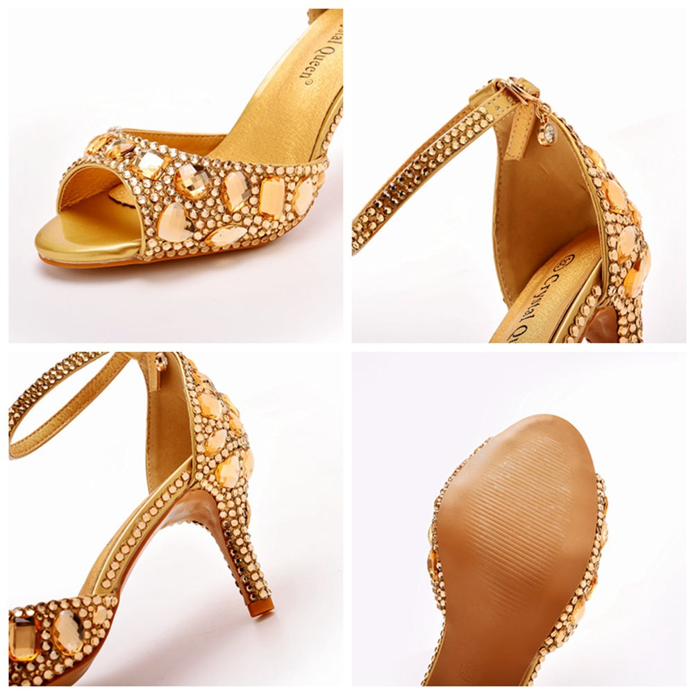 Peep Toe Rhinestone Decor Ankle-Strap High Heels