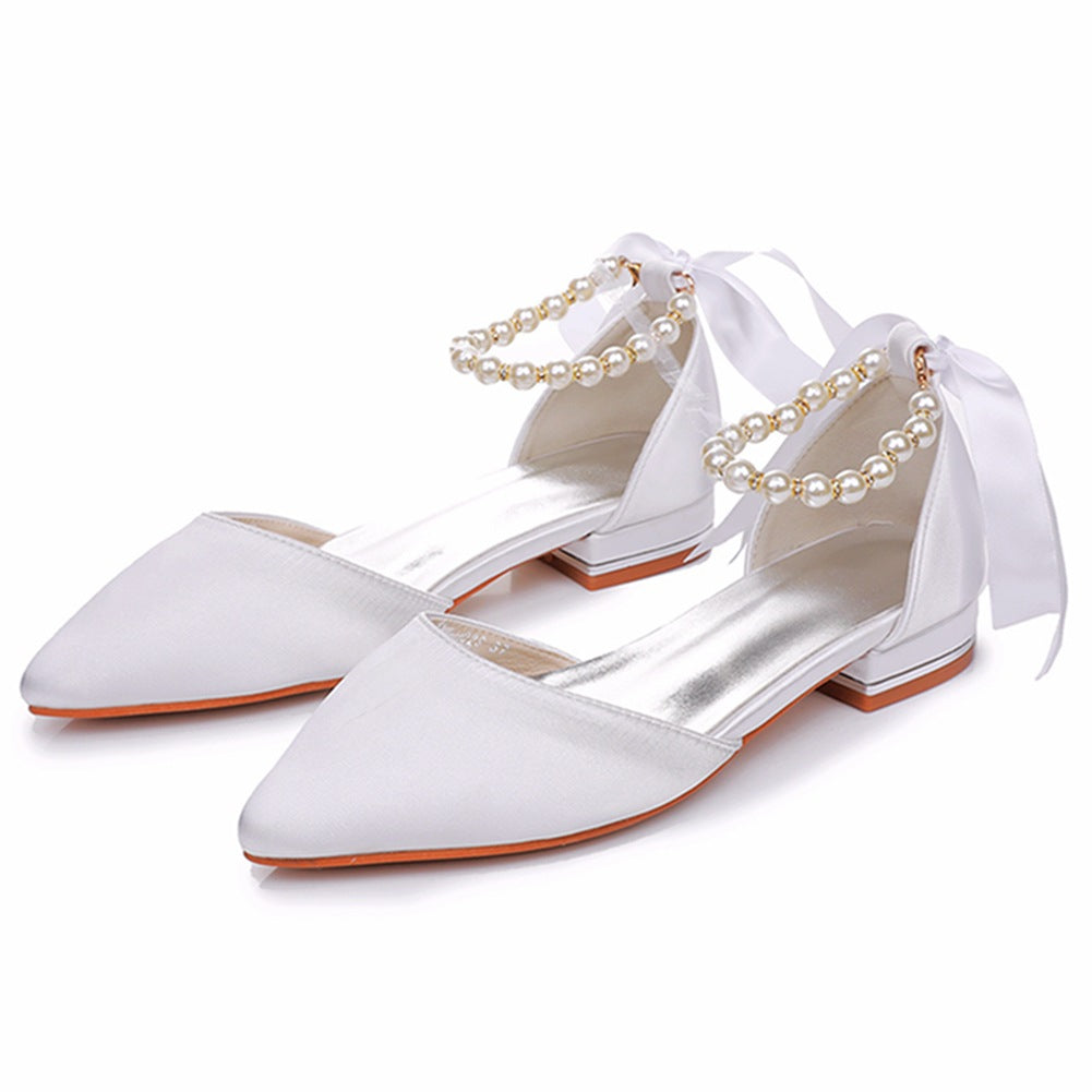 Elegant Pearl Ribbon Tie Satin Flat Heel Pointed Toe Bridal Shoes