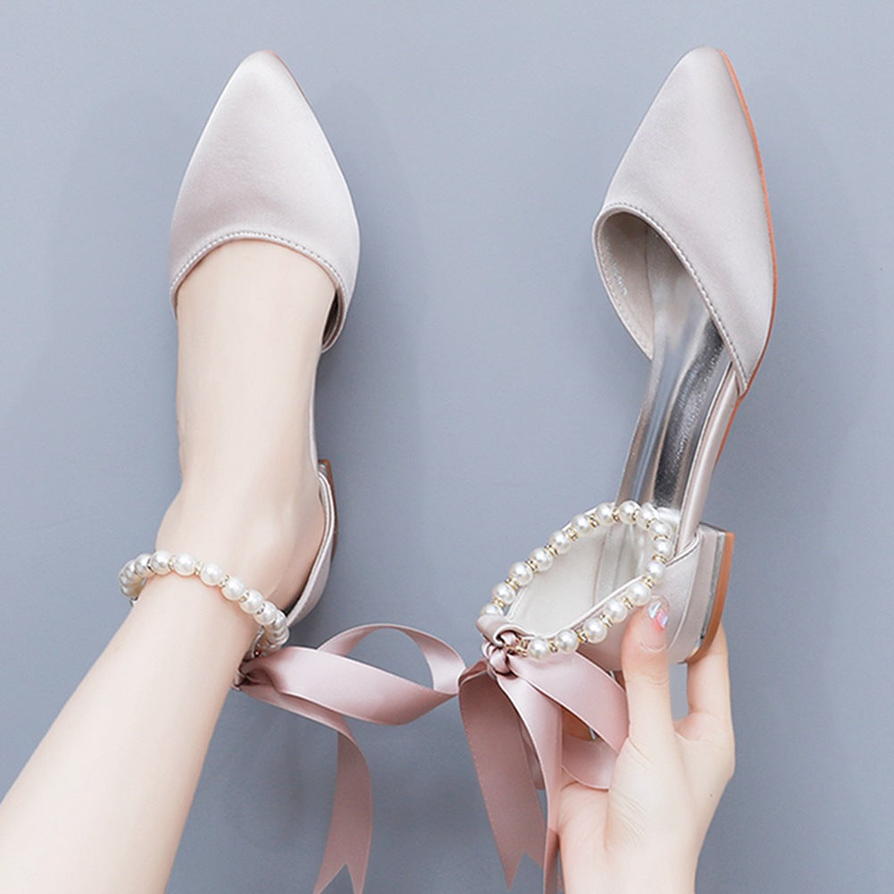 Elegant Pearl Ribbon Tie Satin Flat Heel Pointed Toe Bridal Shoes