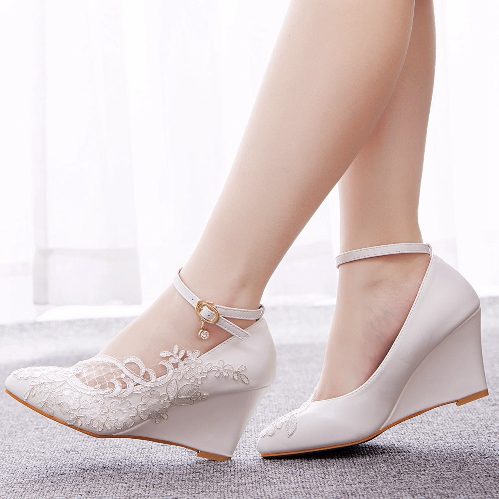 Round Toe Lace Ankle Strap Wedge Heel Wedding Shoes