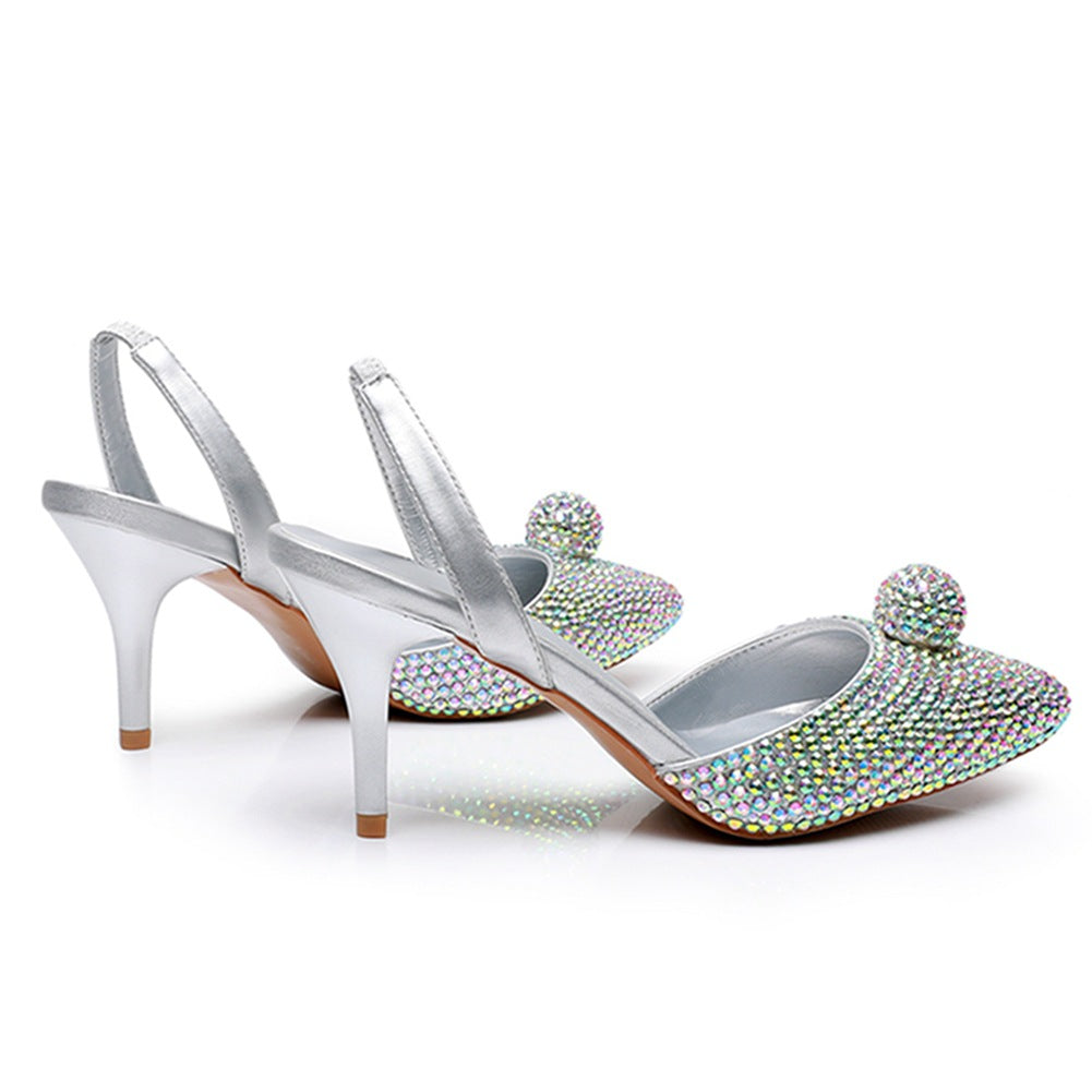 Glittering Rhinestone Ball Bead Pointed Toe High Heels