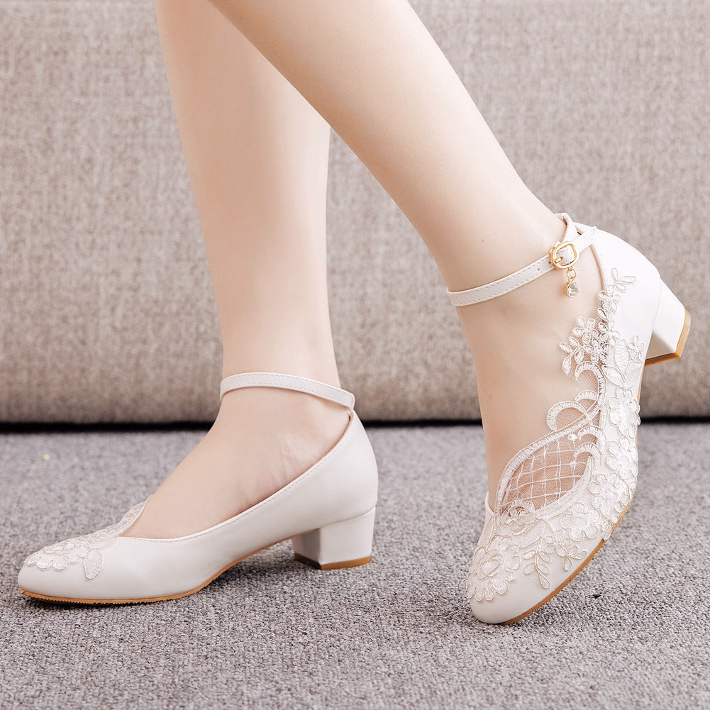 Round Toe Lace Ankle Strap Chunky Heel Wedding Shoes