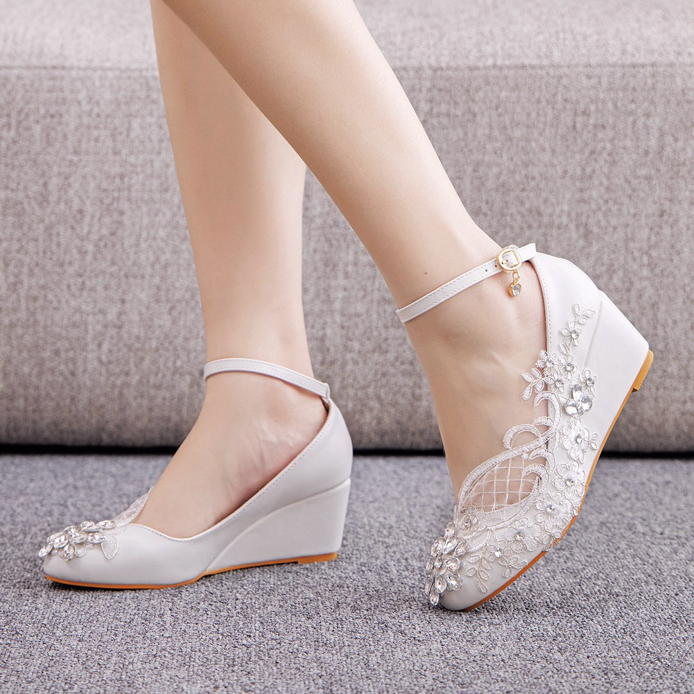 Round Toe Lace Rhinestones Ankle Strap Wedge Heel Wedding Shoes